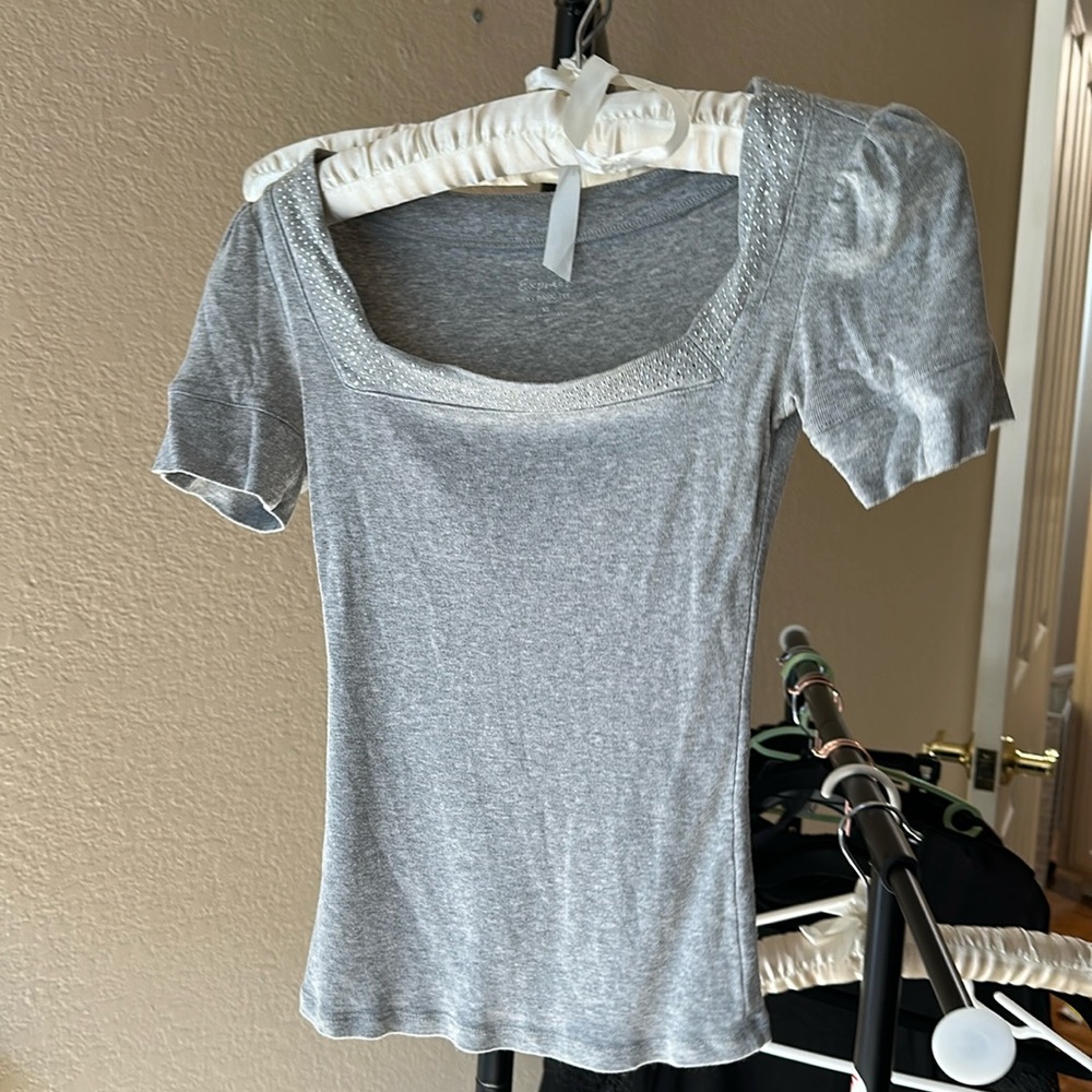 Gray Women's Top with Embellished Neckline
